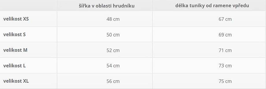 Tunika Mother Nature velikostní tabulka